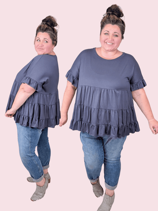 Melanie Short Sleeve Tiered Top in Charcoal Gray-1- ShortSlv/Slvless Tops-HAPTICS-Styled by Stacked - A Plus Size Women's Boutique in Lakeville, MN