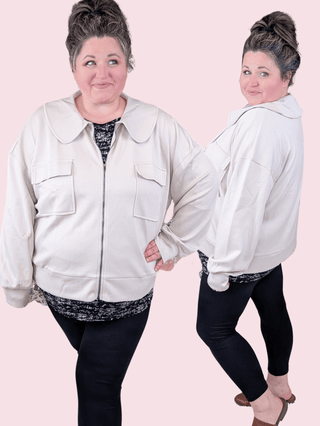 Dianna Peter Pan Collared Scuba Jacket in Stone Taupe-4- Overlayer Tops-WHITE BIRCH-Styled by Stacked - A Plus Size Women's Boutique in Lakeville, MN