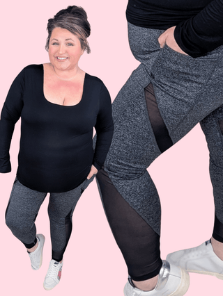 Fallon Heathered Leggings w/Black Mesh Accents-10- Bottoms Non-Denim-WHITE BIRCH-Styled by Stacked - A Plus Size Women's Boutique in Lakeville, MN