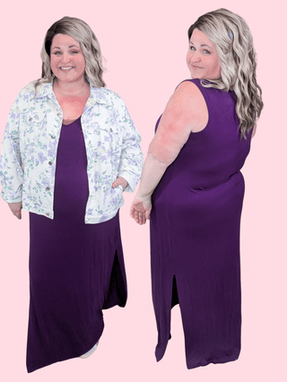 Simone Vneck Maxi Dress w/Side Slits in Plum-11- Dress/Romp/Jump-EMERALD-Styled by Stacked - A Plus Size Women's Boutique in Lakeville, MN
