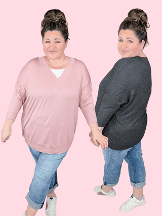 Renee 3/4 Sleeve Vneck Tee w/White Inset (4 Colors)-2- Long Sleeve Tops-Emerald Collection-Styled by Stacked - A Plus Size Women's Boutique in Lakeville, MN