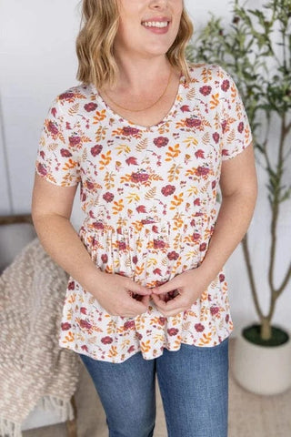 Marissa Mini Ruffle in Burgundy Gold Floral-2- Long Sleeve Tops-MICHELLE MAE-Styled by Stacked - A Plus Size Women's Boutique in Lakeville, MN