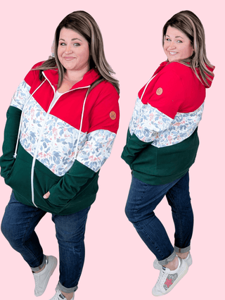 PHC Xmas Berry Colorblock Full Zip Hoodie-3- Hooded Tops-MICHELLE MAE-Styled by Stacked - A Plus Size Women's Boutique in Lakeville, MN