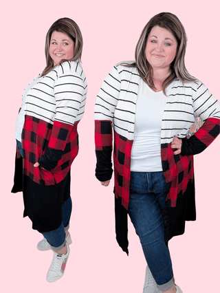 Shawn Stripe & Buffalo Plaid Open Cardigan-4- Overlayer Tops-Heimish-Styled by Stacked - A Plus Size Women's Boutique in Lakeville, MN