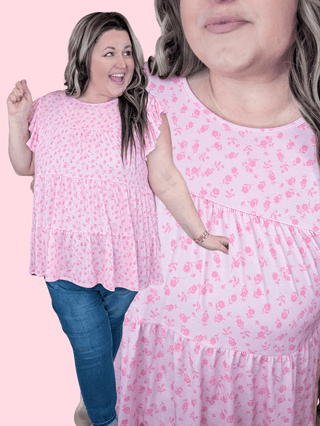 Miles Tiered Flutter Sleeve Top in Pink Ditsy Floral-1- ShortSlv/Slvless Tops-HEIMISH-Styled by Stacked - A Plus Size Women's Boutique in Lakeville, MN