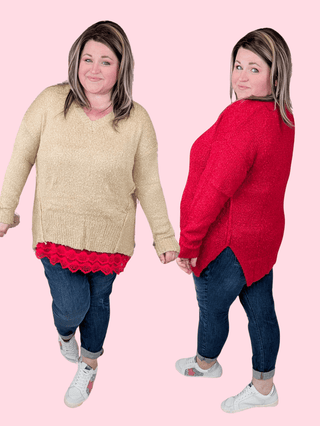 Francie Draped Vneck Sweater w/Side Slits (2 Colors)-2- Long Sleeve Tops-HEIMISH-Styled by Stacked - A Plus Size Women's Boutique in Lakeville, MN