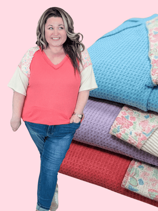 Teri Thermal Vneck Top in Colorblock + Floral-1- ShortSlv/Slvless Tops-HEIMISH-Styled by Stacked - A Plus Size Women's Boutique in Lakeville, MN