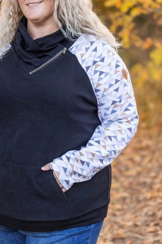 PHC Triple Stretch ZipCowl in Black w/Geometric Accent-3- Hooded Tops-MICHELLE MAE-Styled by Stacked - A Plus Size Women's Boutique in Lakeville, MN