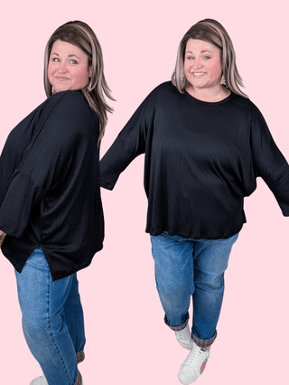 Gloria Pointelle Knit Slouchy Dolman Long Sleeve in Black-2- Long Sleeve Tops-HEIMISH-Styled by Stacked - A Plus Size Women's Boutique in Lakeville, MN