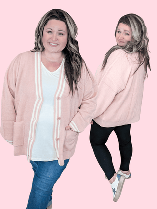 Millie Classic Cardigan in Blush w/Ivory Piping-2- Long Sleeve Tops-WHITE BIRCH-Styled by Stacked - A Plus Size Women's Boutique in Lakeville, MN