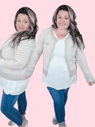 Michaela Tweed Look Cardigan w/Pearl Buttons-4- Overlayer Tops-WHITE BIRCH-Styled by Stacked - A Plus Size Women's Boutique in Lakeville, MN