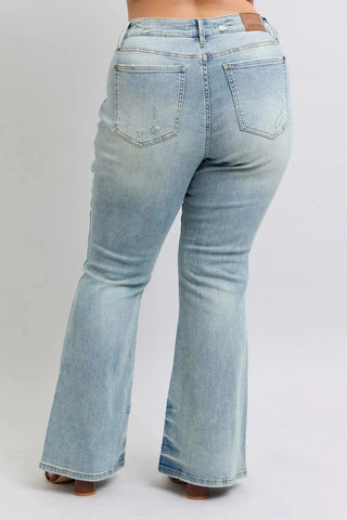Judy Blue Vintage Wash Pin Tack Flares-9- Bottoms Denim-Judy Blue-Styled by Stacked - A Plus Size Women's Boutique in Lakeville, MN