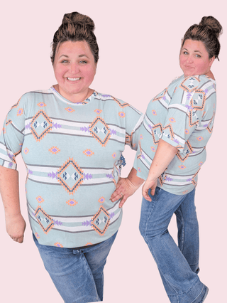 Susie Seafoam Aztec Print Short Sleeve w/Purple + Orange Accents-1- ShortSlv/Slvless Tops-LOVELY MELODY-Styled by Stacked - A Plus Size Women's Boutique in Lakeville, MN