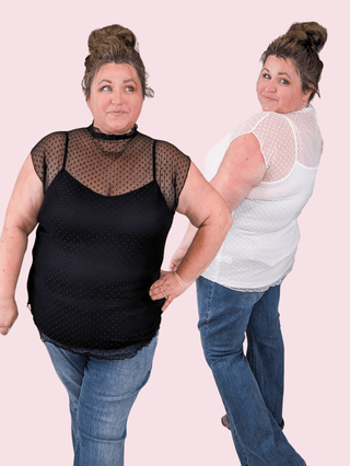 Arden Mockneck Swiss Dot Sheer Top w/Cami-1- ShortSlv/Slvless Tops-WHITE BIRCH-Styled by Stacked - A Plus Size Women's Boutique in Lakeville, MN