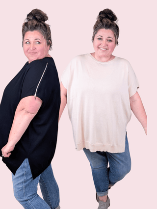 Reagan Zipper Accent Short Sleeve Sweater (2 colors)-1- ShortSlv/Slvless Tops-WHITE BIRCH-Styled by Stacked - A Plus Size Women's Boutique in Lakeville, MN