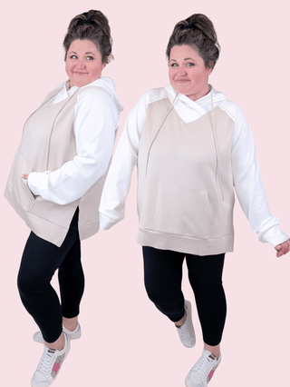 Natalie Crossover Vneck Scuba Hoodie in Mocha + Ivory-3- Hooded Tops-WHITE BIRCH-Styled by Stacked - A Plus Size Women's Boutique in Lakeville, MN