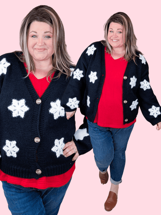 Mimi Button Cardigan in Black w/ 3d Snowflakes-4- Overlayer Tops-MICHELLE MAE-Styled by Stacked - A Plus Size Women's Boutique in Lakeville, MN