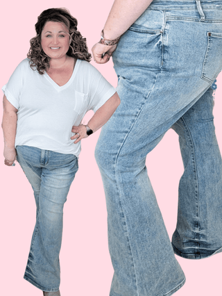Judy Blue Vintage Wash Pin Tack Flares-9- Bottoms Denim-Judy Blue-Styled by Stacked - A Plus Size Women's Boutique in Lakeville, MN