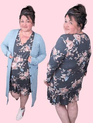 Macie Long Sleeve Babydoll Dress in Charcoal Floral-11- Dress/Romp/Jump-HEIMISH-Styled by Stacked - A Plus Size Women's Boutique in Lakeville, MN