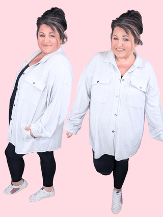 Geralyn Cozy Knit Buttondown Shirket in Heather Gray-4- Overlayer Tops-WHITE BIRCH-Styled by Stacked - A Plus Size Women's Boutique in Lakeville, MN