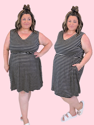 Agatha Tieback Striped Dress in Black + Oatmeal
