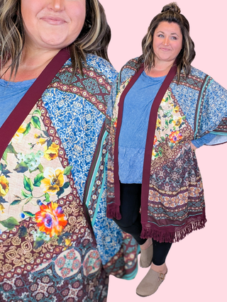 Jude Vintage Print Kimono w/Fringe in Wine Mix