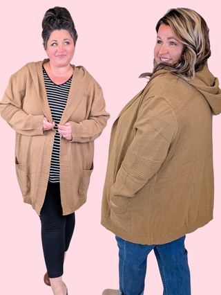 Tobi Hooded Sweater Cardigan in Soft Camel