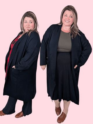 Celine Longline Coatigan w/Pockets in Black-4- Overlayer Tops-WHITE BIRCH-Styled by Stacked - A Plus Size Women's Boutique in Lakeville, MN