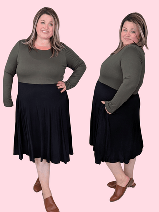 Birdie Olive + Black Colorblock Swing Dress-11- Dress/Romp/Jump-BE STAGE-Styled by Stacked - A Plus Size Women's Boutique in Lakeville, MN