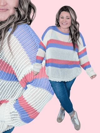 Rayna Summer Knit Sweater in Purple + Coral Stripes-2- Long Sleeve Tops-WHITE BIRCH-Styled by Stacked - A Plus Size Women's Boutique in Lakeville, MN