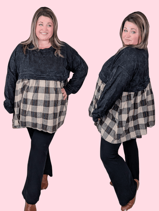 Danielle Twofer Mineral Wash Pullover w/Plaid Bottom-2- Long Sleeve Tops-WHITE BIRCH-Styled by Stacked - A Plus Size Women's Boutique in Lakeville, MN