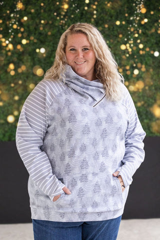 PHC- Gray Trees + Stripes Triple Stretch Zipcowl-3- Hooded Tops-MICHELLE MAE-Styled by Stacked - A Plus Size Women's Boutique in Lakeville, MN