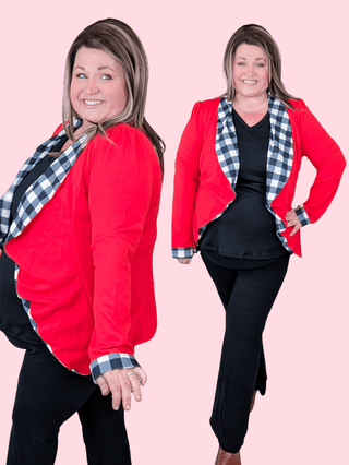 Audrey Draped Red Blazer w/Plaid Lining-4- Overlayer Tops-HEIMISH-Styled by Stacked - A Plus Size Women's Boutique in Lakeville, MN