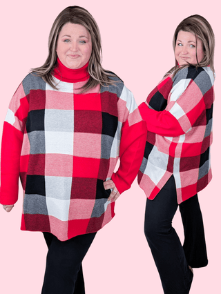 Tania Funnel Neck Sweater in Red, Black and White Plaid-2- Long Sleeve Tops-HAPTICS-Styled by Stacked - A Plus Size Women's Boutique in Lakeville, MN