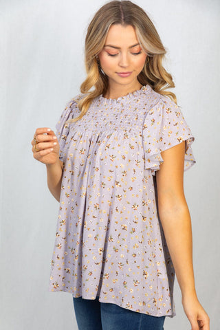Gwendolyn Smocked Short Sleeve Top in Dusty Lilac Floral-1- ShortSlv/Slvless Tops-WHITE BIRCH-Styled by Stacked - A Plus Size Women's Boutique in Lakeville, MN