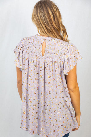 Gwendolyn Smocked Short Sleeve Top in Dusty Lilac Floral-1- ShortSlv/Slvless Tops-WHITE BIRCH-Styled by Stacked - A Plus Size Women's Boutique in Lakeville, MN
