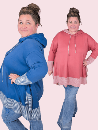 Brett Stripe Accent Flowy Hooded Top (2 Colors)-3- Hooded Tops-EMERALD-Styled by Stacked - A Plus Size Women's Boutique in Lakeville, MN