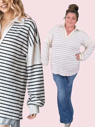 Leann Slitneck Collared Pullover in Stripes (2 Colors)-2- Long Sleeve Tops-HEIMISH-Styled by Stacked - A Plus Size Women's Boutique in Lakeville, MN