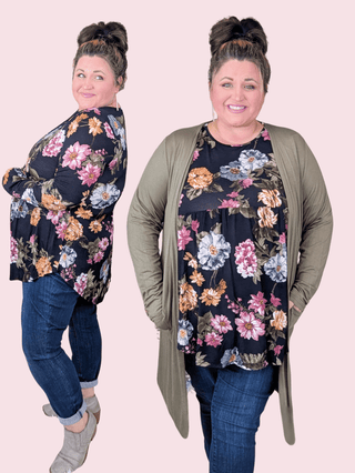 Georgie Scoop Bottom Long Sleeve Babydoll Top in Black Floral-2- Long Sleeve Tops-HEIMISH-Styled by Stacked - A Plus Size Women's Boutique in Lakeville, MN