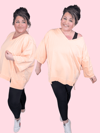 Malia Vneck Athleisure Pullover in Apricot-2- Long Sleeve Tops-WHITE BIRCH-Styled by Stacked - A Plus Size Women's Boutique in Lakeville, MN