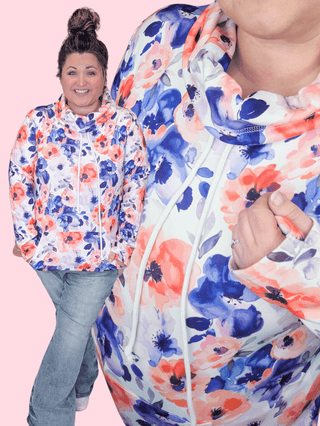 3- Hooded Tops PHC Cloud Funnel Neck Pullover in Ivory Sunset Floral plus size clothing