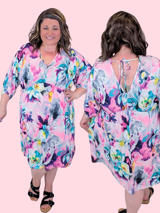 Thora Kimono Cut Double-Vee Dress in Floral Mix