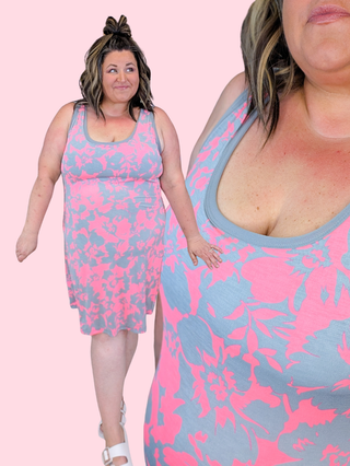 Marie Double Scoop Tank Dress w/Built in Bra in Gray + Pink Floral
