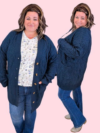 Brooke Textured Sweater Cardigan w/Oversized Buttons in Navy