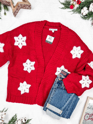 Aida Cardigan in Red w/ 3d Snowflakes-4- Overlayer Tops-MICHELLE MAE-Styled by Stacked - A Plus Size Women's Boutique in Lakeville, MN