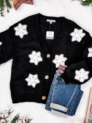 Mimi Button Cardigan in Black w/ 3d Snowflakes-4- Overlayer Tops-MICHELLE MAE-Styled by Stacked - A Plus Size Women's Boutique in Lakeville, MN