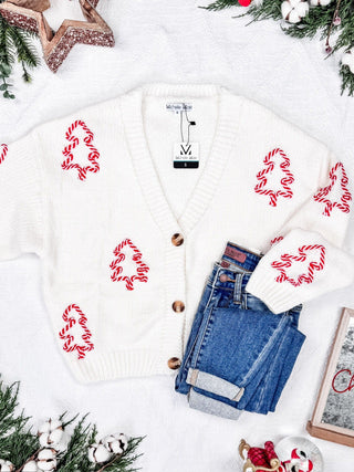 Aubrey Cream Sweater Cardigan w/ 3d Candy Cane Trees-4- Overlayer Tops-MICHELLE MAE-Styled by Stacked - A Plus Size Women's Boutique in Lakeville, MN