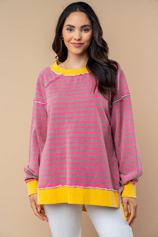 Ally Pink Striped Pullover w/Side Slits-4- Overlayer Tops-WHITE BIRCH-Styled by Stacked - A Plus Size Women's Boutique in Lakeville, MN