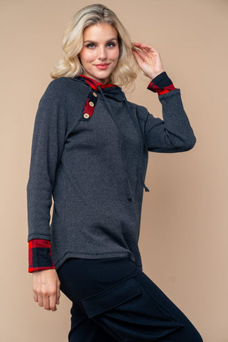 Hilary Buffalo Plaid Accent Pullover w/Double Hood-2- Long Sleeve Tops-WHITE BIRCH-Styled by Stacked - A Plus Size Women's Boutique in Lakeville, MN