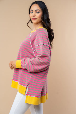 Ally Pink Striped Pullover w/Side Slits-4- Overlayer Tops-WHITE BIRCH-Styled by Stacked - A Plus Size Women's Boutique in Lakeville, MN